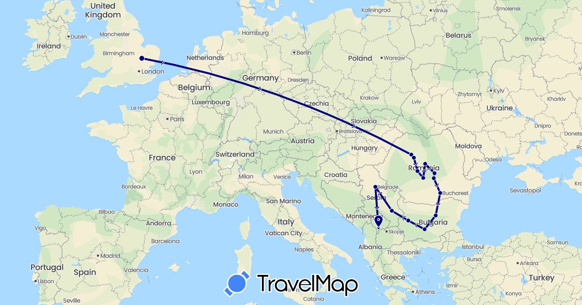 TravelMap itinerary: driving in Bulgaria, United Kingdom, Romania, Serbia, Kosovo (Europe)